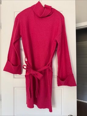VILA Bright Pink Turtleneck Belted Sweater